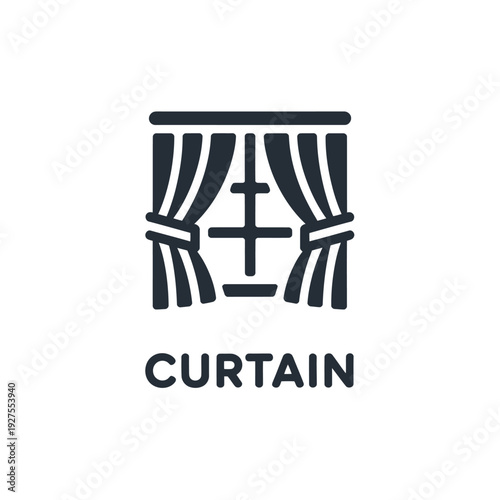 Simple graphic of blue curtains with the word curtain underneath