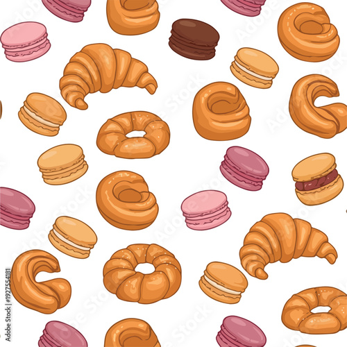 Sweet Bakery Pattern Croissant Macaron Donut Pink Orange Brown Isolated Objects