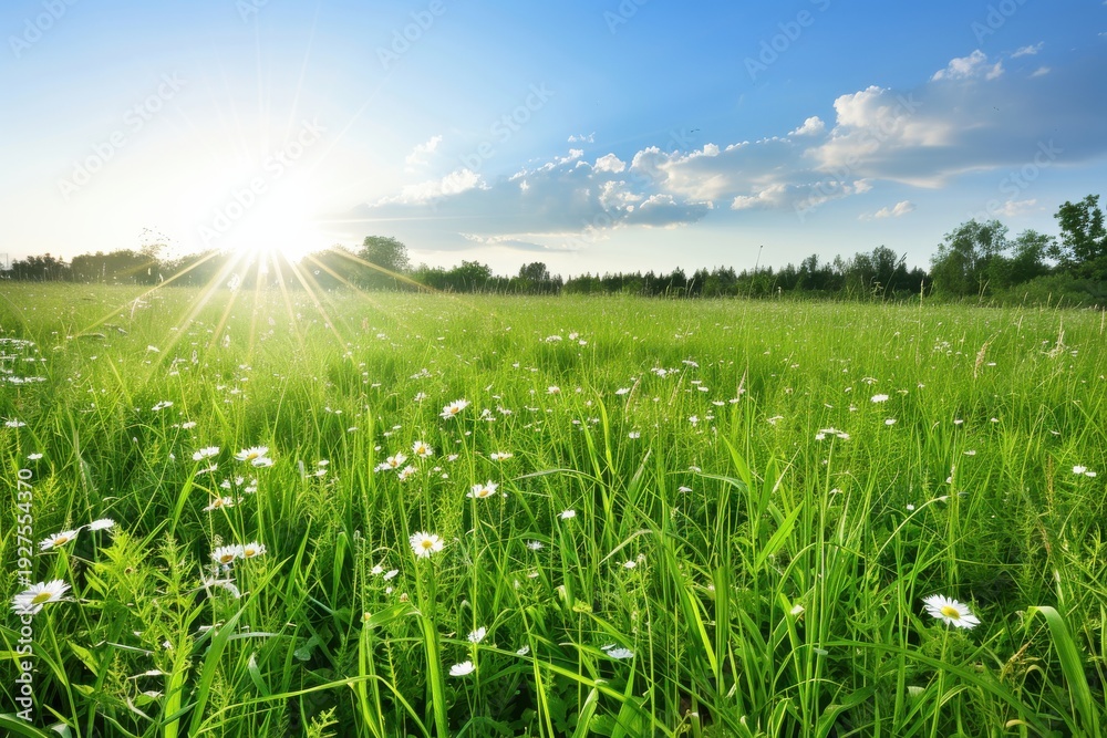 Fototapeta premium Bright Sunbeams Shining over a Lush Green Meadow with Wildflowers under a Clear Blue Sky in Summer