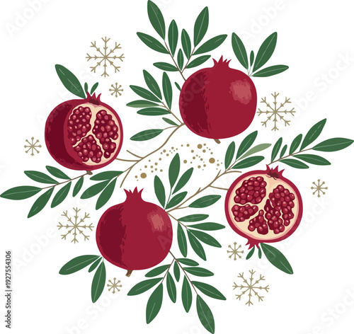 Winter Pomegranate Botanical Illustration With Snowflakes