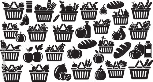 Grocery shopping icons and food items in baskets illustration