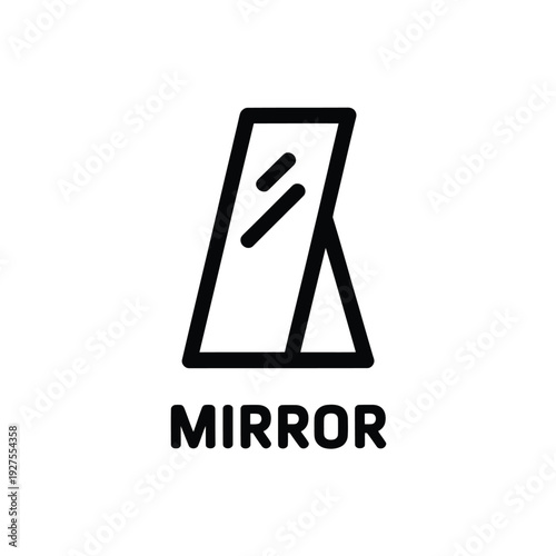 Simple black outline of a standing mirror with the word mirror below