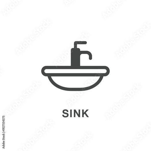 Simple black and white icon depicting a bathroom sink with a faucet
