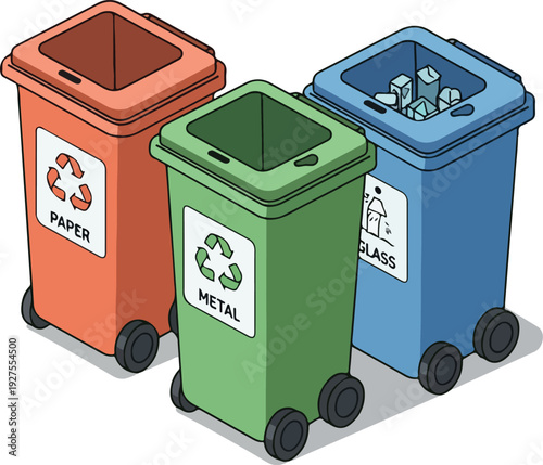 Three Colorful Recycling Bins For Paper Metal Glass White Background