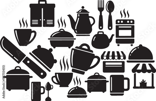 Black kitchen utensils and appliances icon set collection