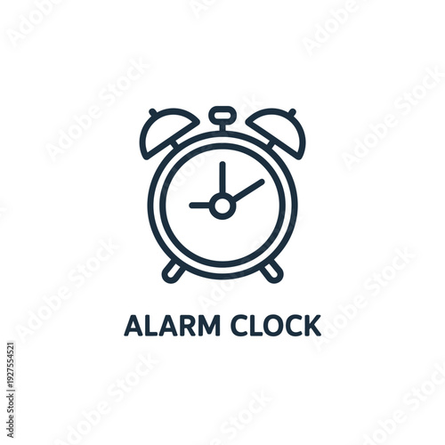 Simple line drawing of a classic alarm clock with text label