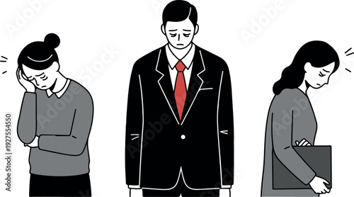 Three Sad Business People in Minimalist Style with Red Tie Detail