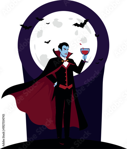 Vampire Holding Blood Drink Under Full Moon With Bats Flat Design