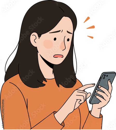 Worried Woman With Smartphone Looking At Screen Orange Sweater White Background
