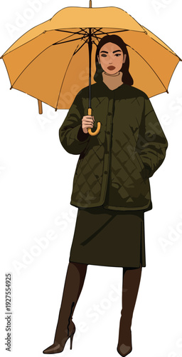 Woman Holding Umbrella In Quilted Jacket And Skirt Green And Brown Colors