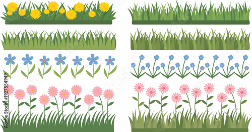 Grass and flower border collection, spring garden lawn with blooming floral elements for landscape decoration design