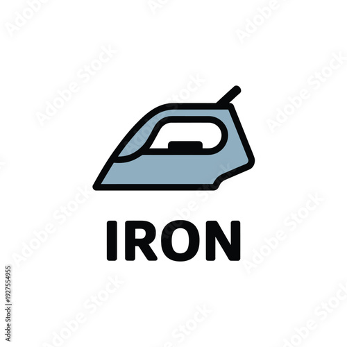 Simple illustration of a blue and black outlined clothing iron with text