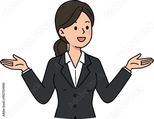 Smiling Woman in Black Business Suit Gesturing Openly White Background Flat Design