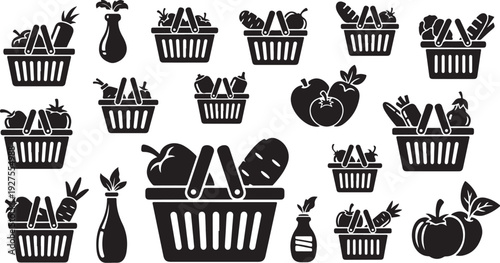 Grocery shopping icons and vegetables in baskets illustration set