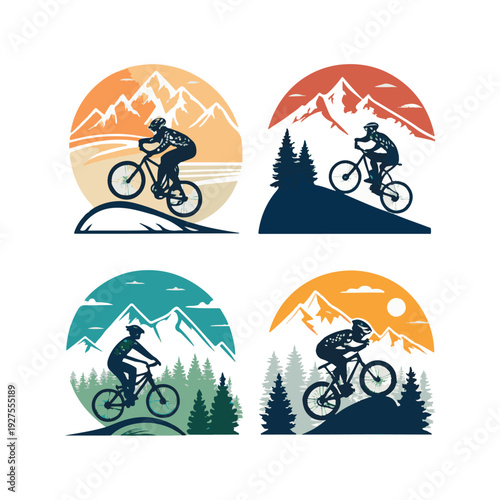 Four mountain biking scenes with cyclists and mountain landscapes bicycle