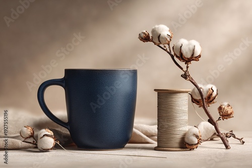 Dark blue coffee mug with cotton flower branch on neutral textured background minimalist still life