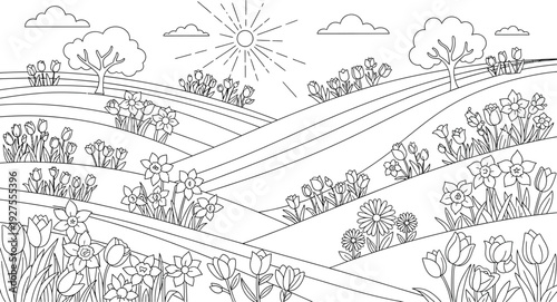 Captivating black and white line art illustration showcasing a serene spring landscape filled with rolling hills, blossoming flowers, trees, sunshine, and clouds.