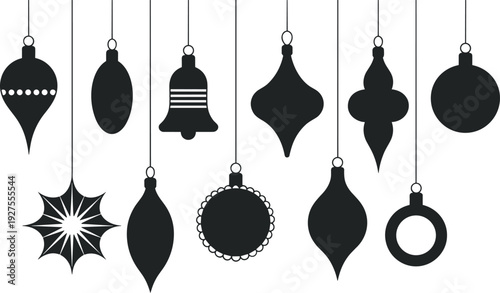 Christmas ornaments decorations hanging baubles silhouettes vector graphics