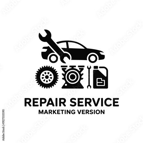 Automotive repair service logo featuring tools and a car silhouette