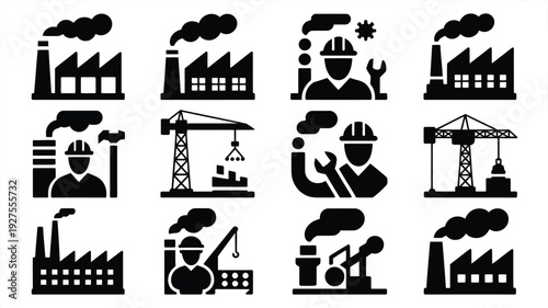 Industrial icons set featuring factory and worker silhouettes on white background for business and industry concepts