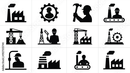 Industrial icons set including factory engineer oil rig and manufacturing symbols in black silhouette on white background for business and industry concepts