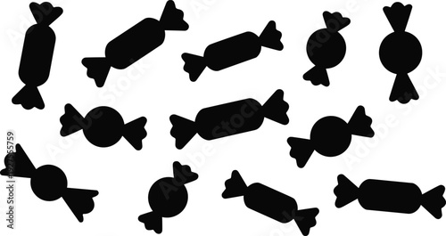 Candy silhouettes collection, assorted wrapped sweets and confectionery shapes, black vector illustration isolated on white background for design use
