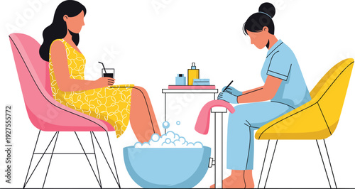 Woman Receiving Pedicure Treatment at Beauty Salon Vector Illustration with Nail Technician, Foot Spa, and Professional Skincare Service Concept