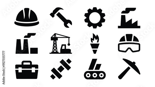 Industrial construction logo bundle featuring various work icons including hard hat hammer gear factory safety goggles and tools on white background for business and engineering design