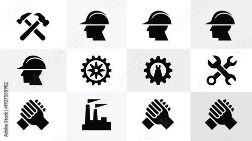 Collection of 12 minimalist labor day icons featuring construction worker helmets tools gears and hands in black on gray and white background