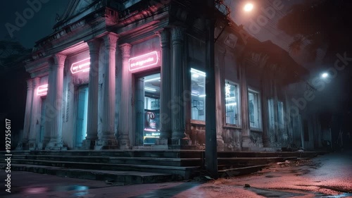 Futuristic neon temple street scene thailand cinematic night photography urban setting atmospheric perspective