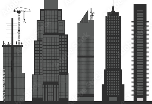 Modern city skyline under construction, skyscraper silhouettes with cranes, urban architecture development and building industry concept illustration