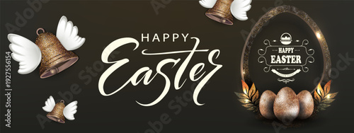 Happy Easter. Festive illustration with eggs and bells with golden wings.