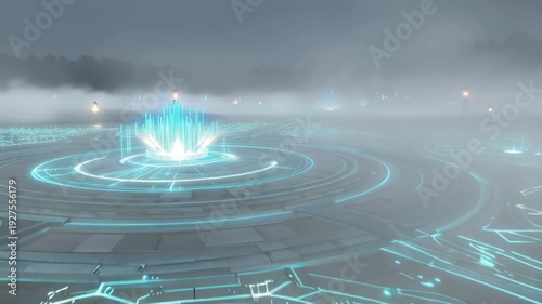 Futuristic holographic garden aerial view enchanted nightscape digital art serene atmosphere elegant palace in distance