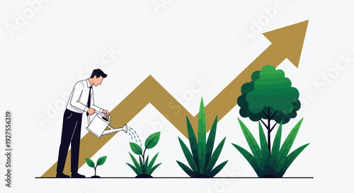 A businessman nurtures growing plants alongside a rising financial chart