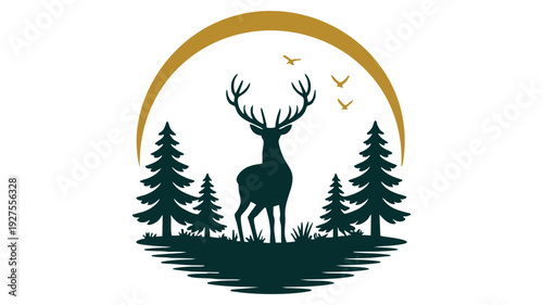 Majestic deer standing amidst a serene forest scene with a golden arc background