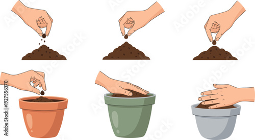 Hand Planting Seeds Step by Step Vector Illustration with Soil Preparation in Flower Pots for Gardening, Agriculture, and Home Plant Care Design