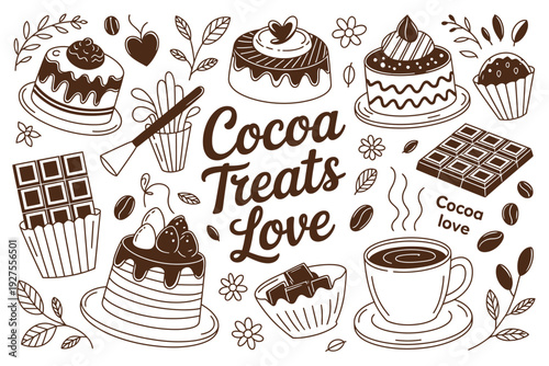 Cocoa treats illustration with various desserts and a cup of coffee