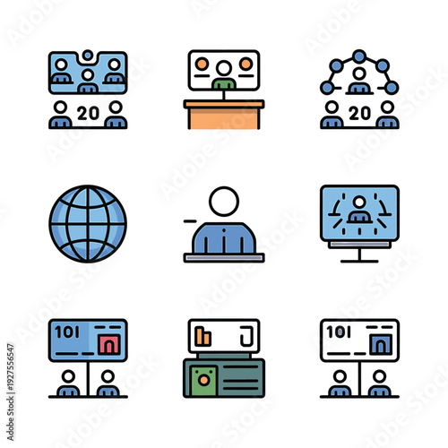 Collection of colorful flat design icons representing business and technology