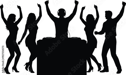 DJ party silhouette collection set, dancing men and women nightclub scene, music celebration nightlife concept