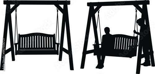 Garden swing bench silhouettes collection, wooden outdoor hanging seat with people set, relaxation and leisure concept