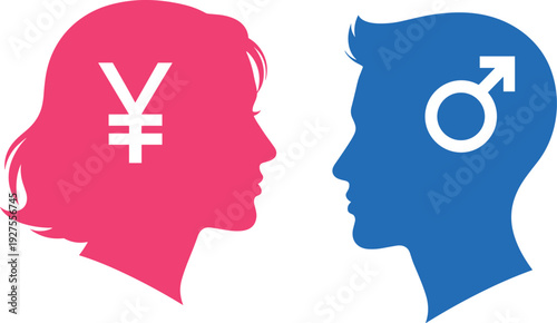 Man and woman profile silhouette heads with yen currency symbol and male gender sign isolated on white background for financial equality and social concept
