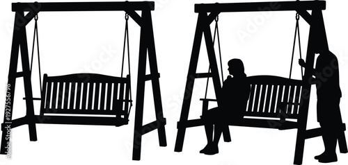 Garden swing bench silhouettes set, wooden outdoor hanging seat collection with people, relaxation and leisure concept
