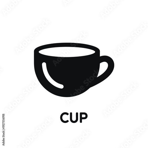 Simple black icon depicting a coffee cup with the word cup below