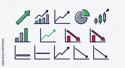 Collection of financial growth and decline chart icons in blue and green