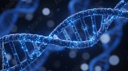 Close-up view of a glowing blue DNA double helix structure, representing genetics and biotechnology.