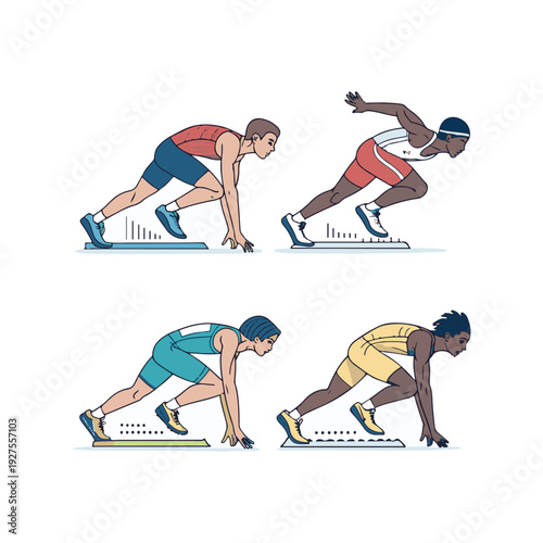Four runners in starting blocks ready to race on white background athletic competition