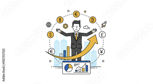 A businessman manages global finance and growth with digital technology