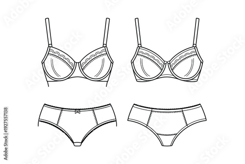 Lingerie set technical drawing with bra and panties illustrations