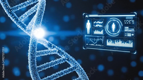 Digital representation of a glowing DNA double helix next to an AI interface displaying human biological data and genetic information.