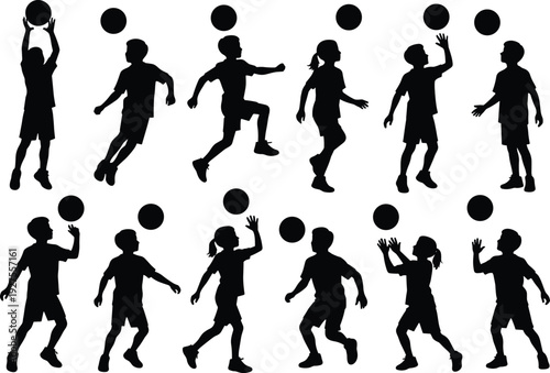 Kids playing basketball silhouettes set, boys and girls sport action poses collection, black vector illustration isolated